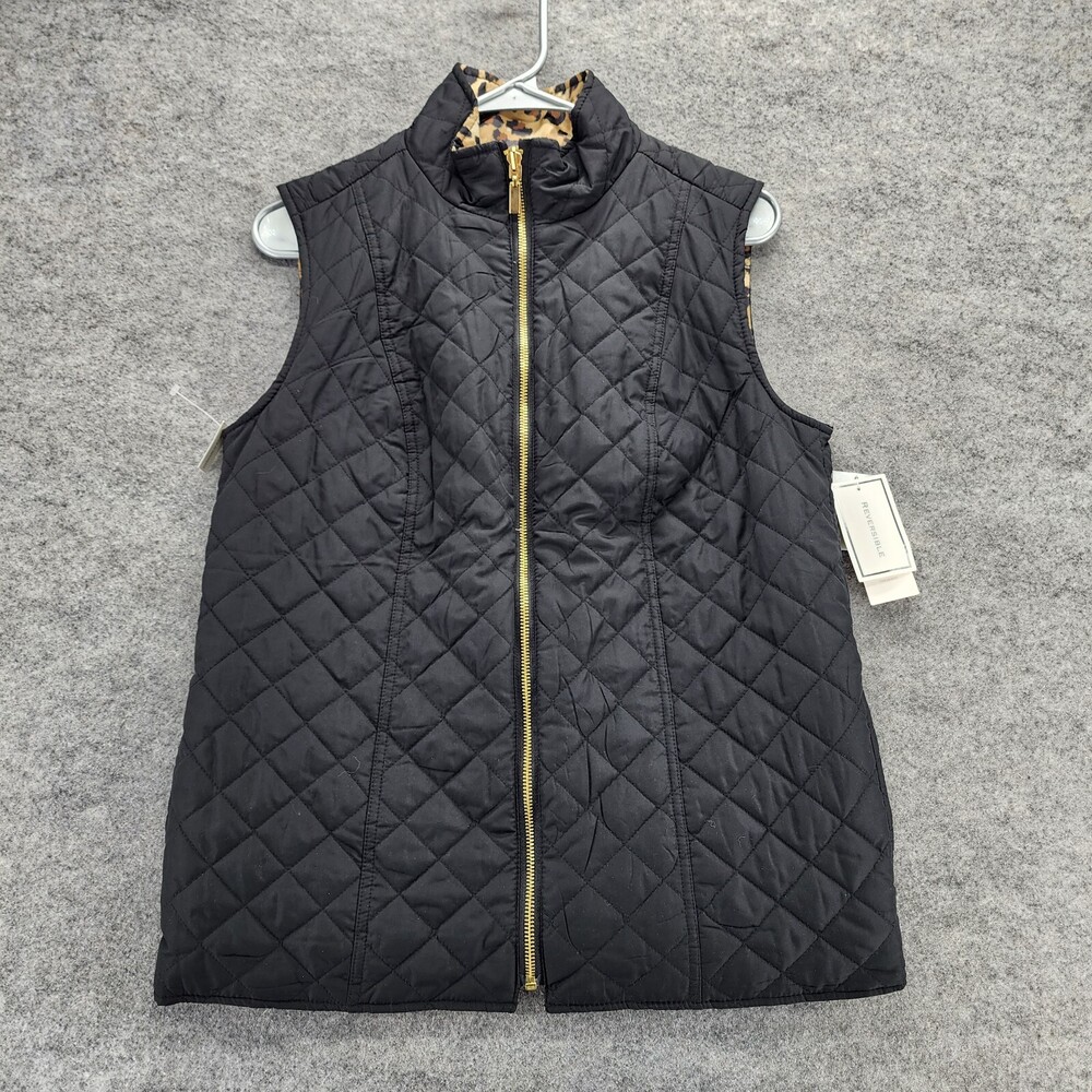 Charter Club Puffer Vest Womens Medium Reversible Black Cheetah Sleeveless